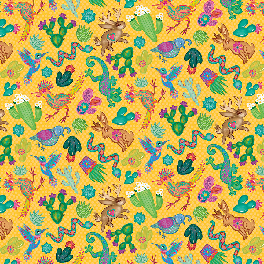Fabric Riley Blake Yellow Animal Toss Cacti & Charm by the Quarter Yard C18451-YELLOW