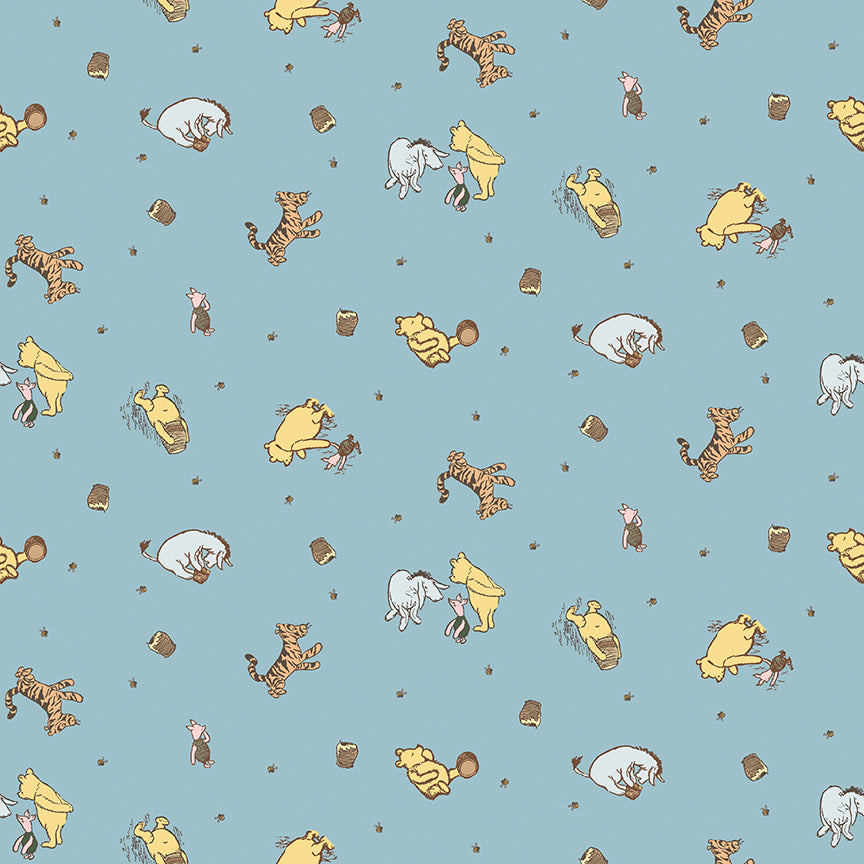 Fabric Riley Blake Blue Character Toss Winnie The Pooh Baby by the Quarter Yard C18591-BLUE