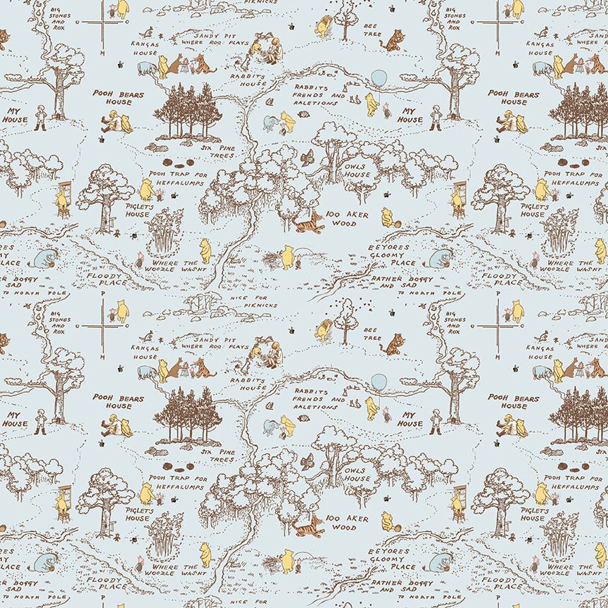 Fabric Riley Blake Blue 100 Aker Map Winnie The Pooh Baby by the Quarter Yard C18592-BLUE