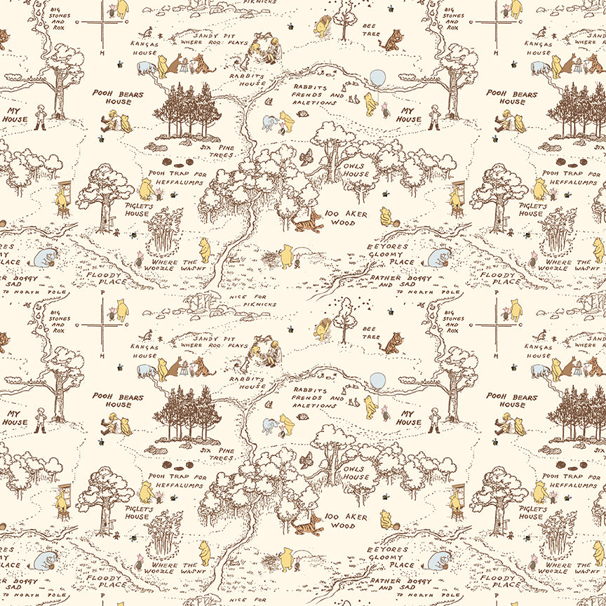 Fabric Riley Blake Cream 100 Aker Map Winnie The Pooh Baby by the Quarter Yard C18592-CREAM