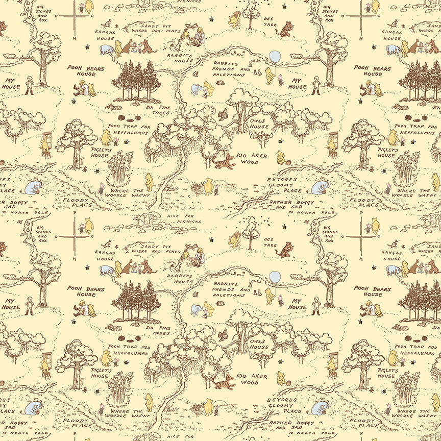 Fabric Riley Blake Yellow 100 Aker Map Winnie The Pooh Baby by the Quarter Yard C18592-YELLOW