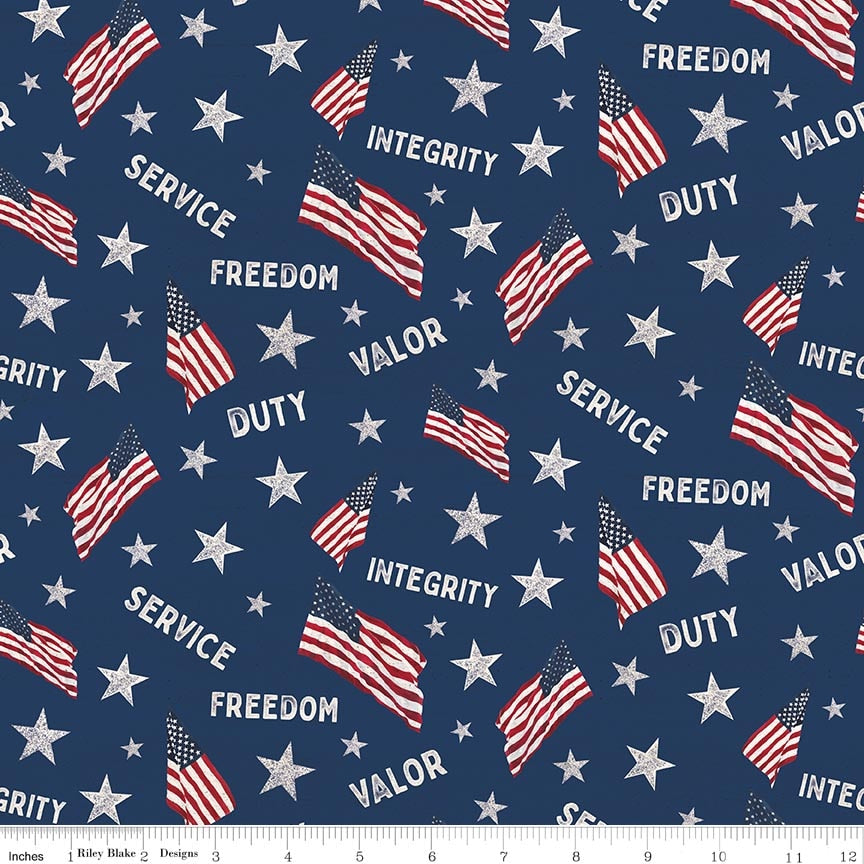 Fabric Riley Blake Blue Main Valor Is Never Forgotten by the Quarter Yard C18880-BLUE