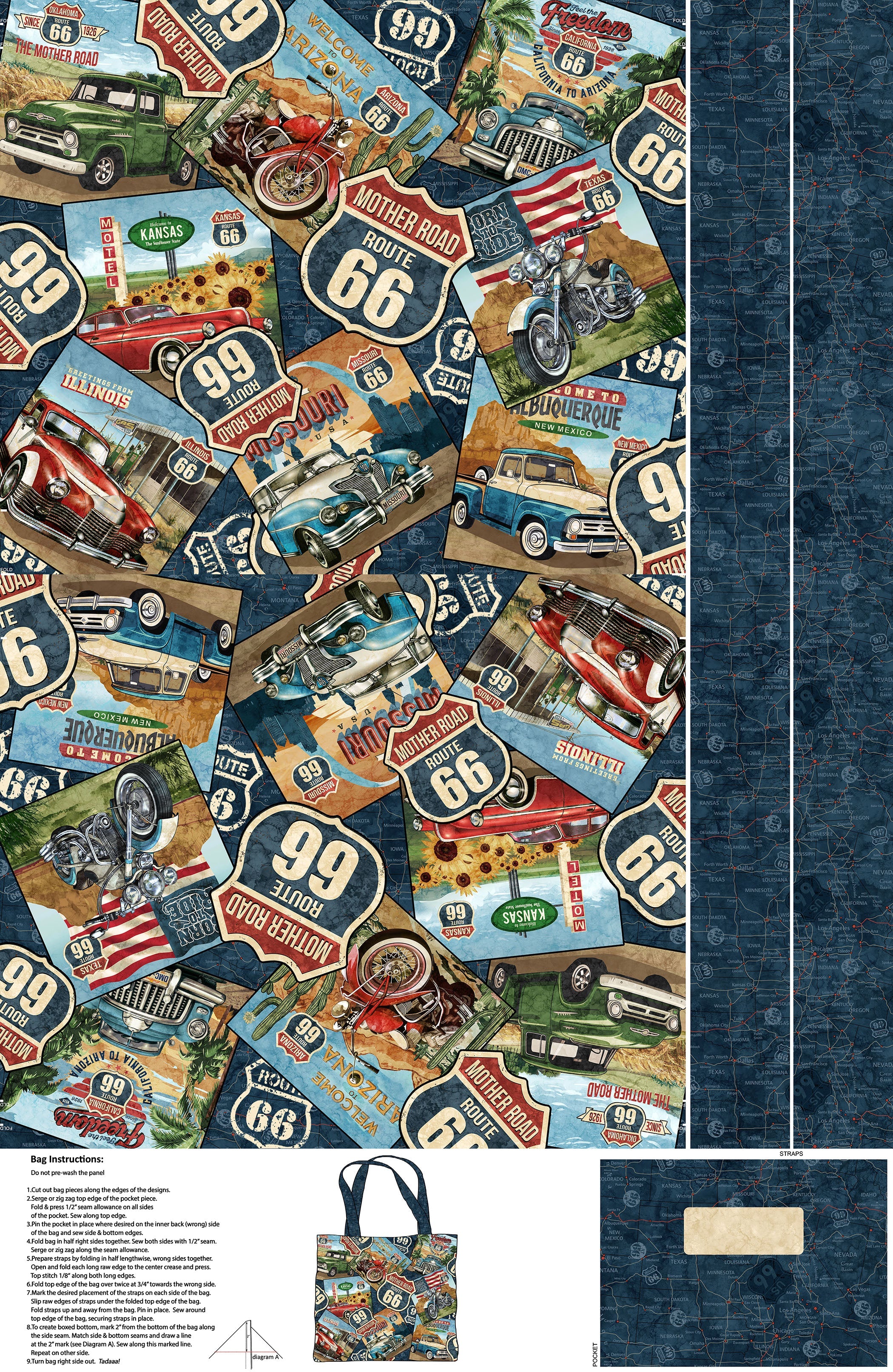Fabric Northcott Navy Multi Historic Route 66 Canvas Bag Panel C29249-48