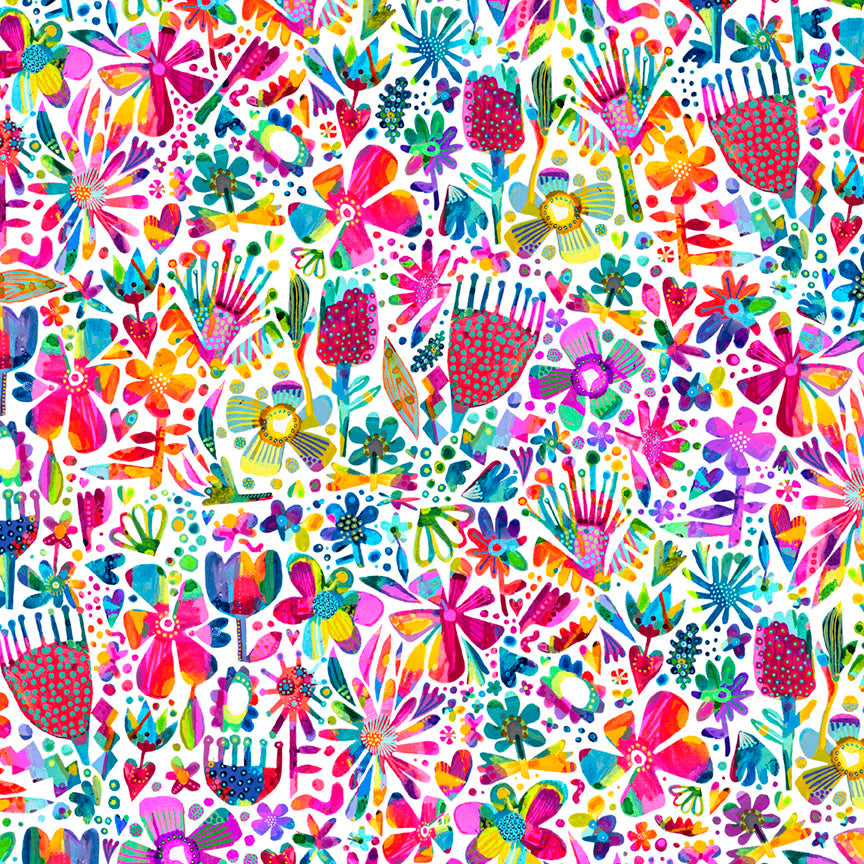Fabric P & B Textiles White/Multi Floral Collage Color Crush by the Quarter Yard 6324-WMU