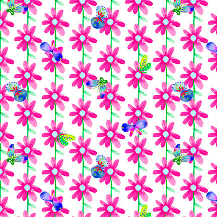 Fabric P & B Textiles White/Pink Daisies & Butterflies Color Crush by the Quarter Yard 6326-WP