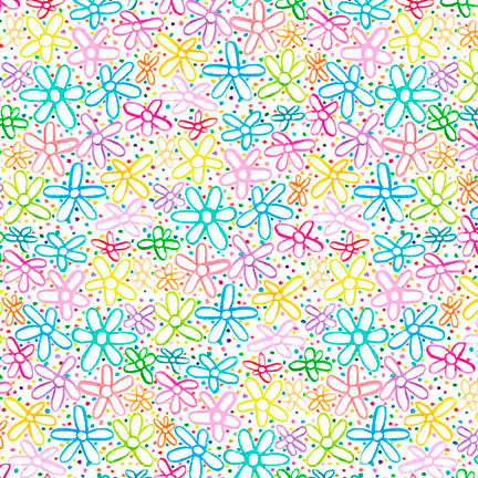Fabric P & B Textiles White/Multi Doodle Flowers Color Crush by the Quarter Yard 6330-WMU