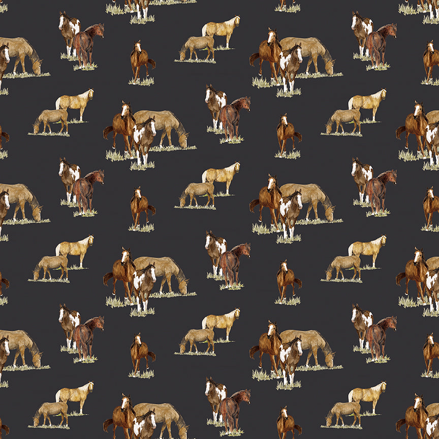 Fabric Riley Blake Charcoal Horses The Homestead by the Quarter Yard CD18234-CHARCOAL