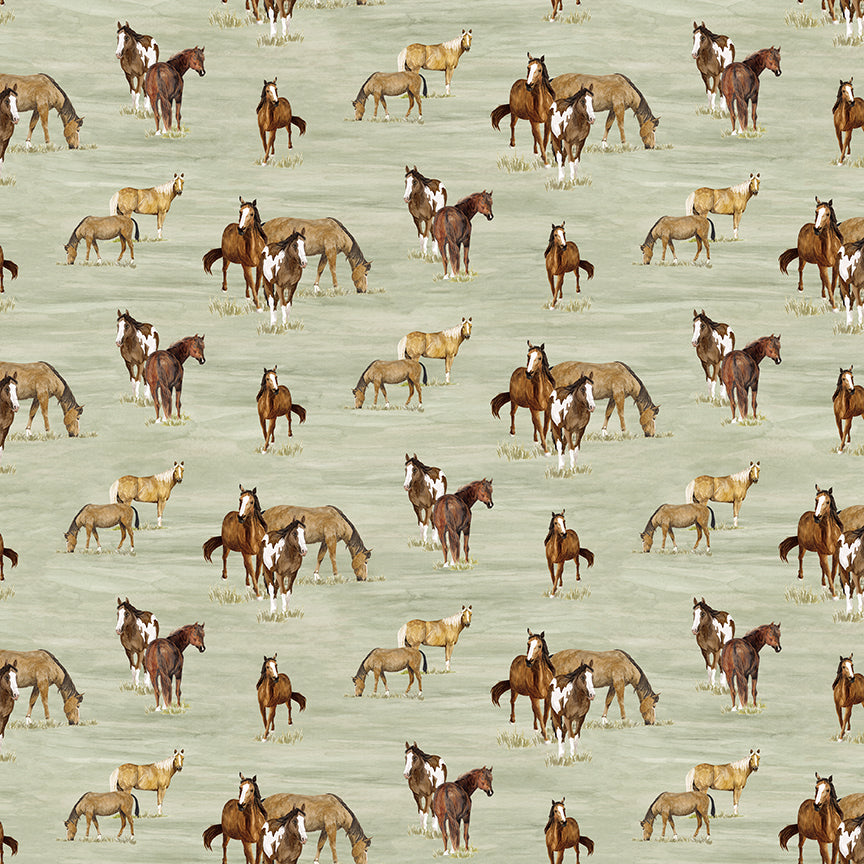 Fabric Riley Blake Green Horses The Homestead by the Quarter Yard CD18234-GREEN