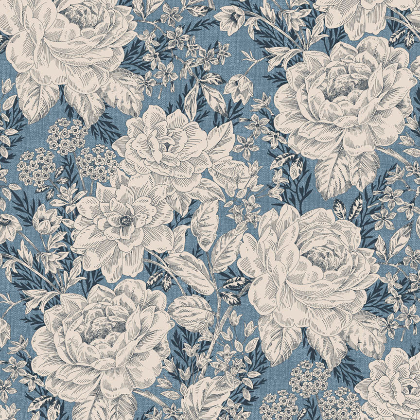Fabric P & B Textiles Blue and Beige Vintage Floral Charlotte 108" Wide Back by the Quarter Yard 6408-BE