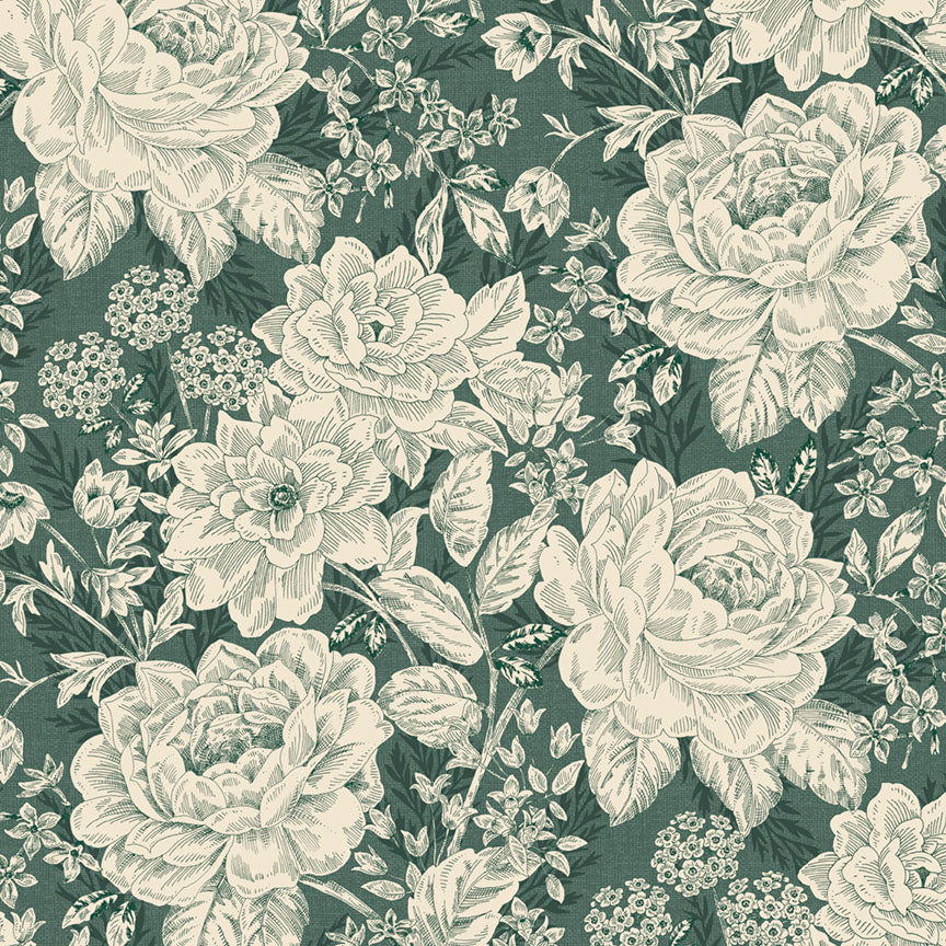Fabric P & B Textiles Green Vintage Floral Charlotte 108" Wide Back by the Quarter Yard 6408-G