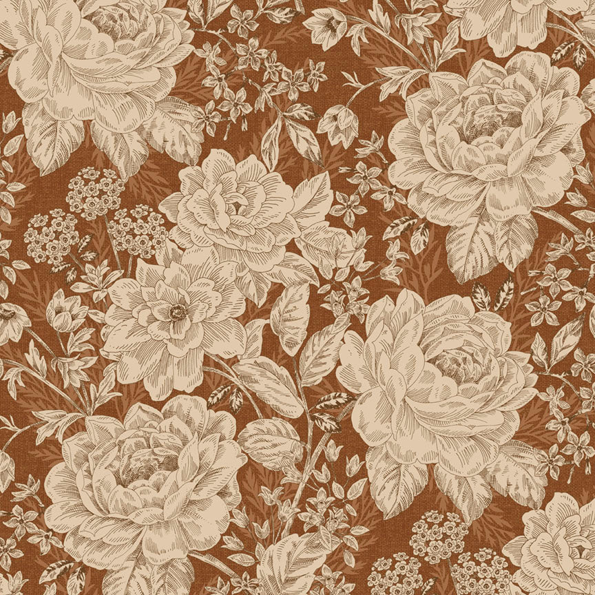 Fabric P & B Textiles Rust Vintage Floral Charlotte 108" Wide Back by the Quarter Yard 6408-IZ