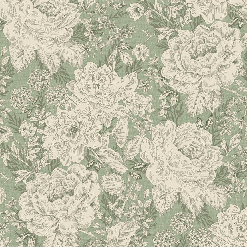 Fabric P & B Textiles Light Green Vintage Floral Charlotte 108" Wide Back by the Quarter Yard 6408-LG