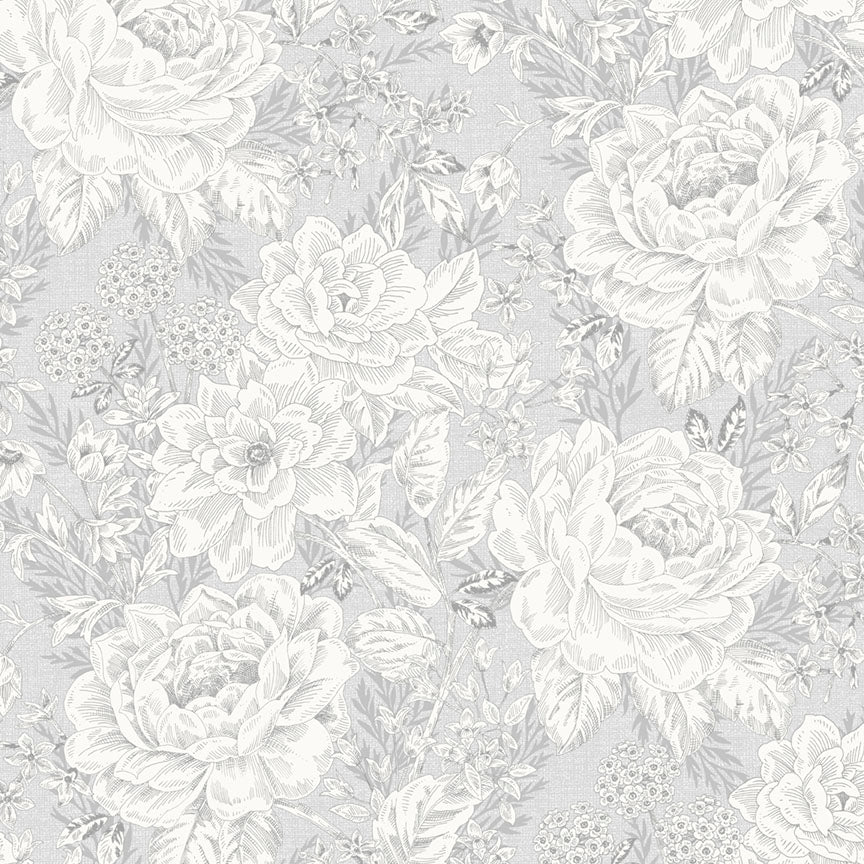 Fabric P & B Textiles Light Gray Vintage Floral Charlotte 108" Wide Back by the Quarter Yard 6408-LS