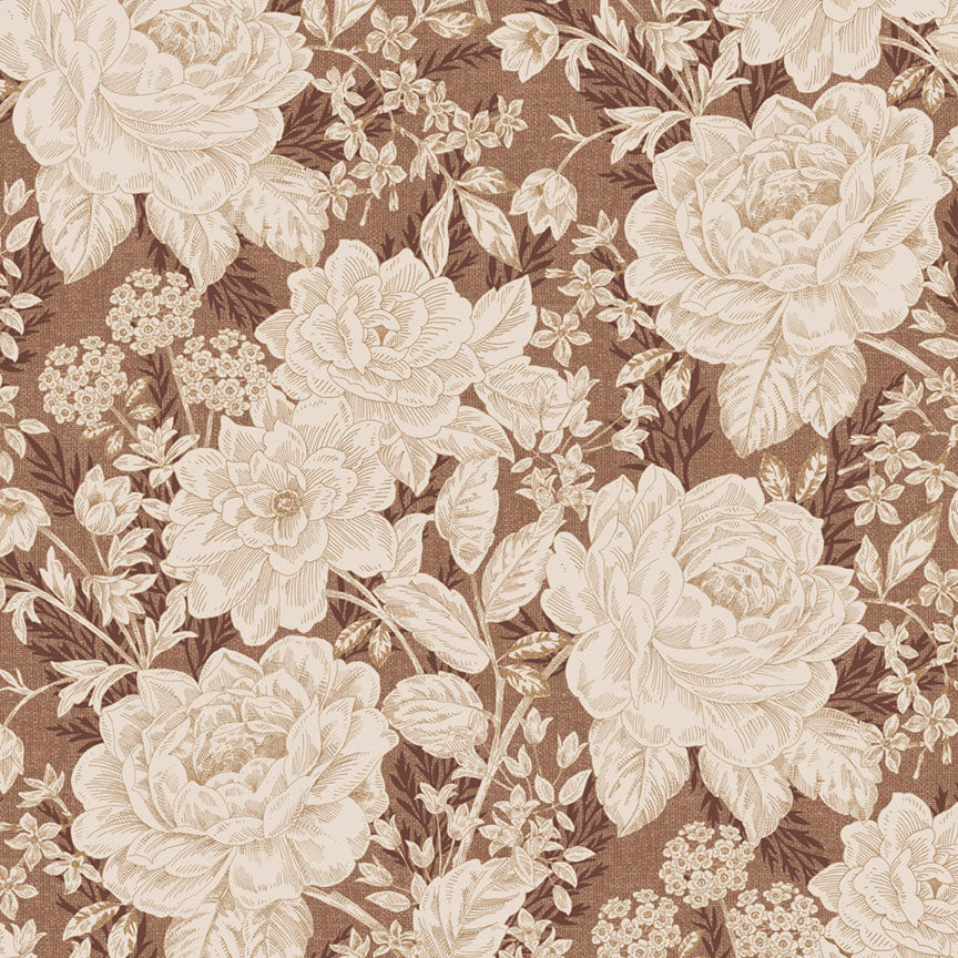 Fabric P & B Textiles Mocha Vintage Floral Charlotte 108" Wide Back by the Quarter Yard 6408-NE