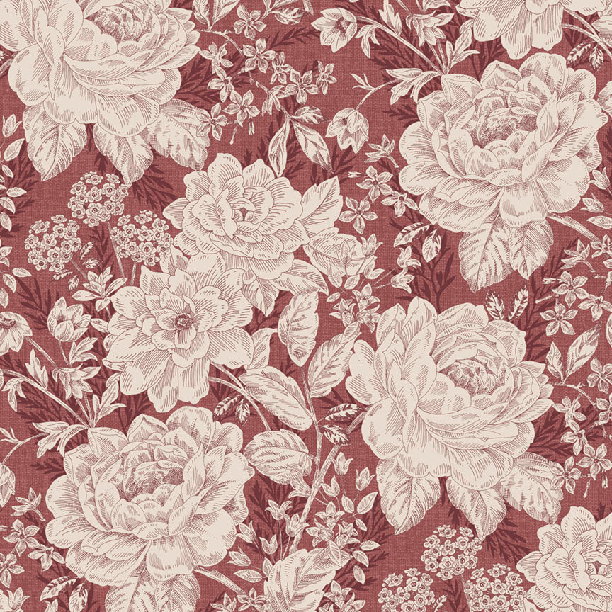 Fabric P & B Textiles Raspberry Vintage Floral Charlotte 108" Wide Back by the Quarter Yard 6408-R
