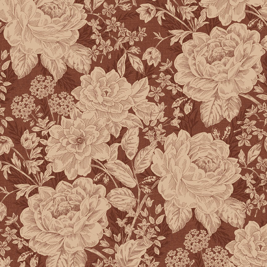 Fabric P & B Textiles Rust Red Vintage Floral Charlotte 108" Wide Back by the Quarter Yard 6408-RZ