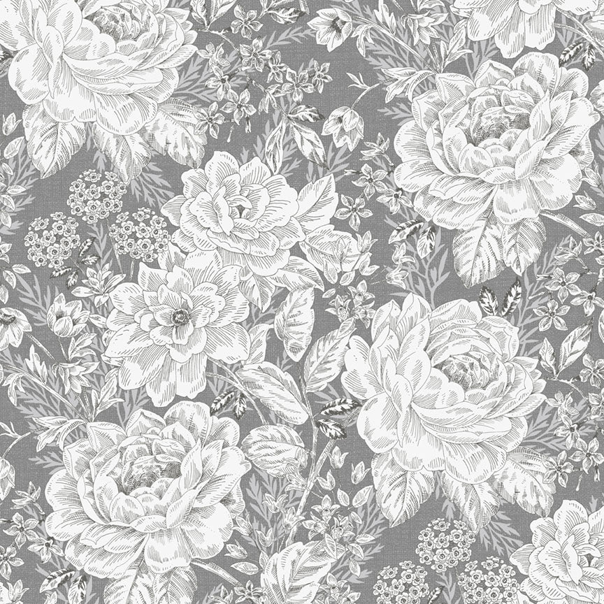 Fabric P & B Textiles Pewter Vintage Floral Charlotte 108" Wide Back by the Quarter Yard 6408-S