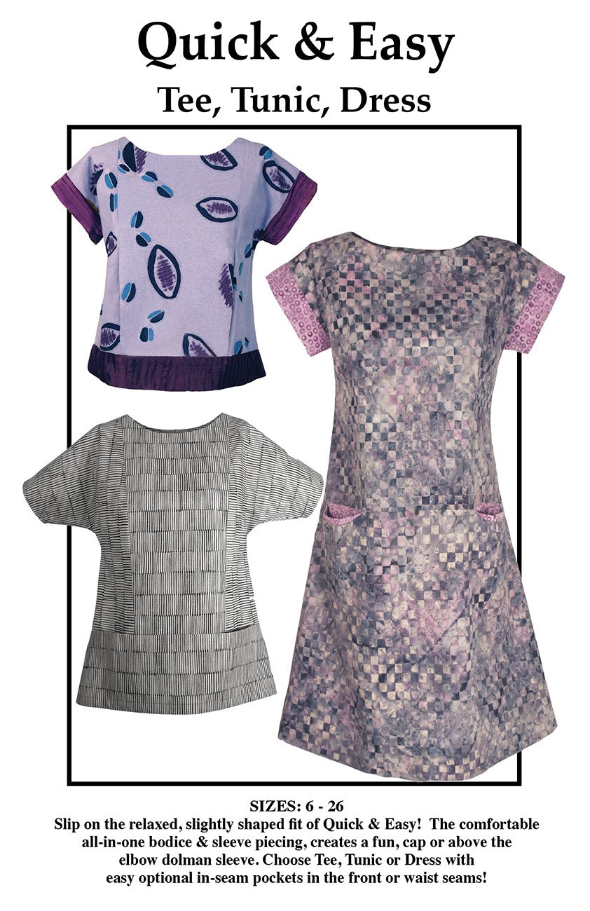 Three clothing items (T-shirt, tunic, dress) with patterns on a white background
