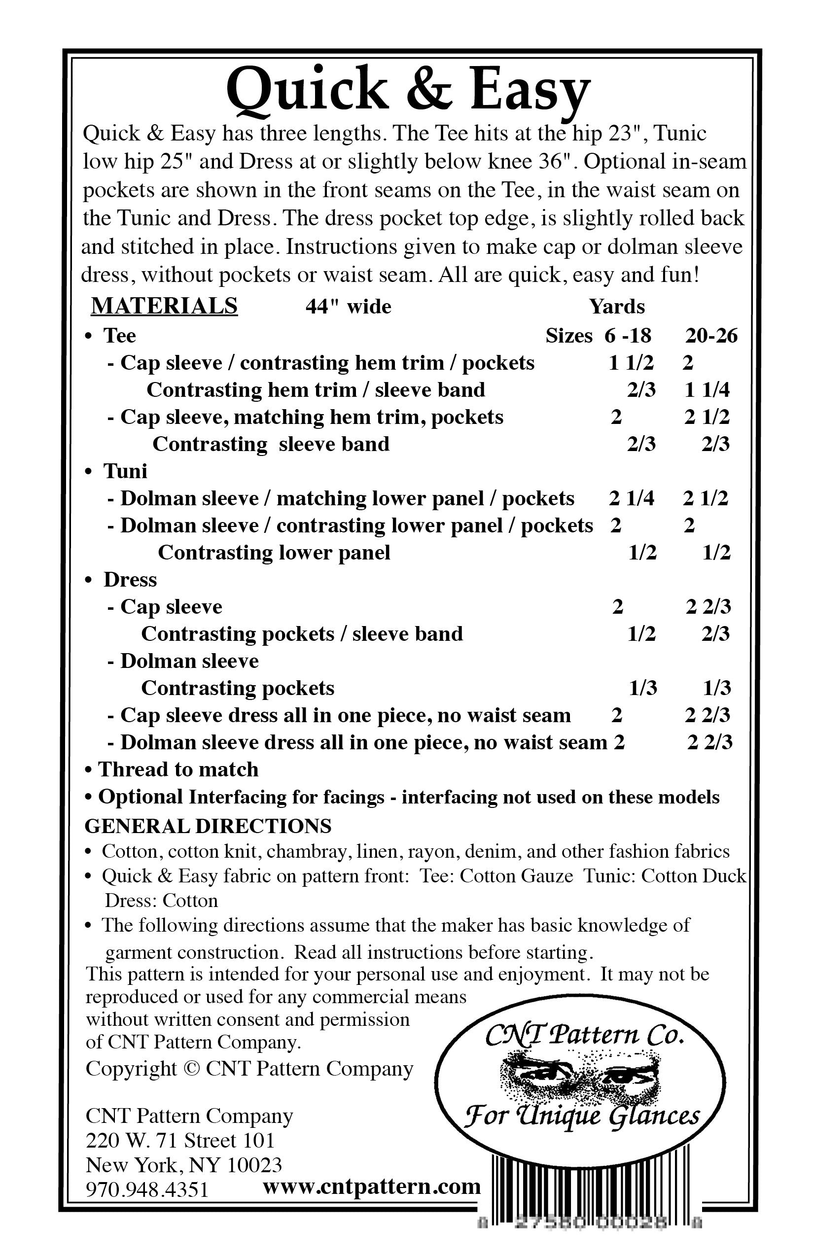 Pattern instruction sheet for Quick & Easy clothing with text and a barcode.