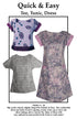 Three clothing items (T-shirt, tunic, dress) with patterns on a white background