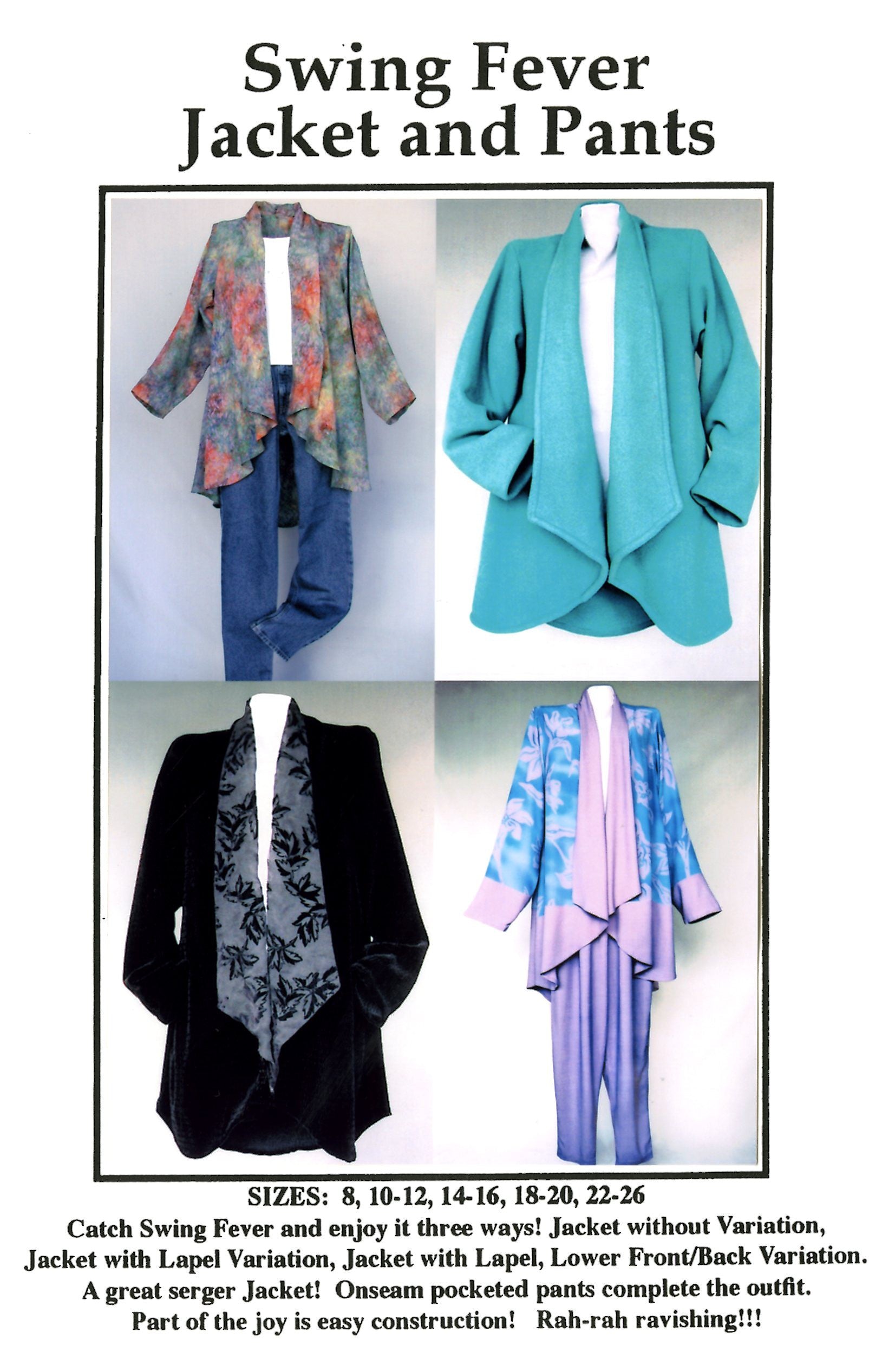 Four different Swing Fever jacket and pants sets displayed on mannequins with product details.