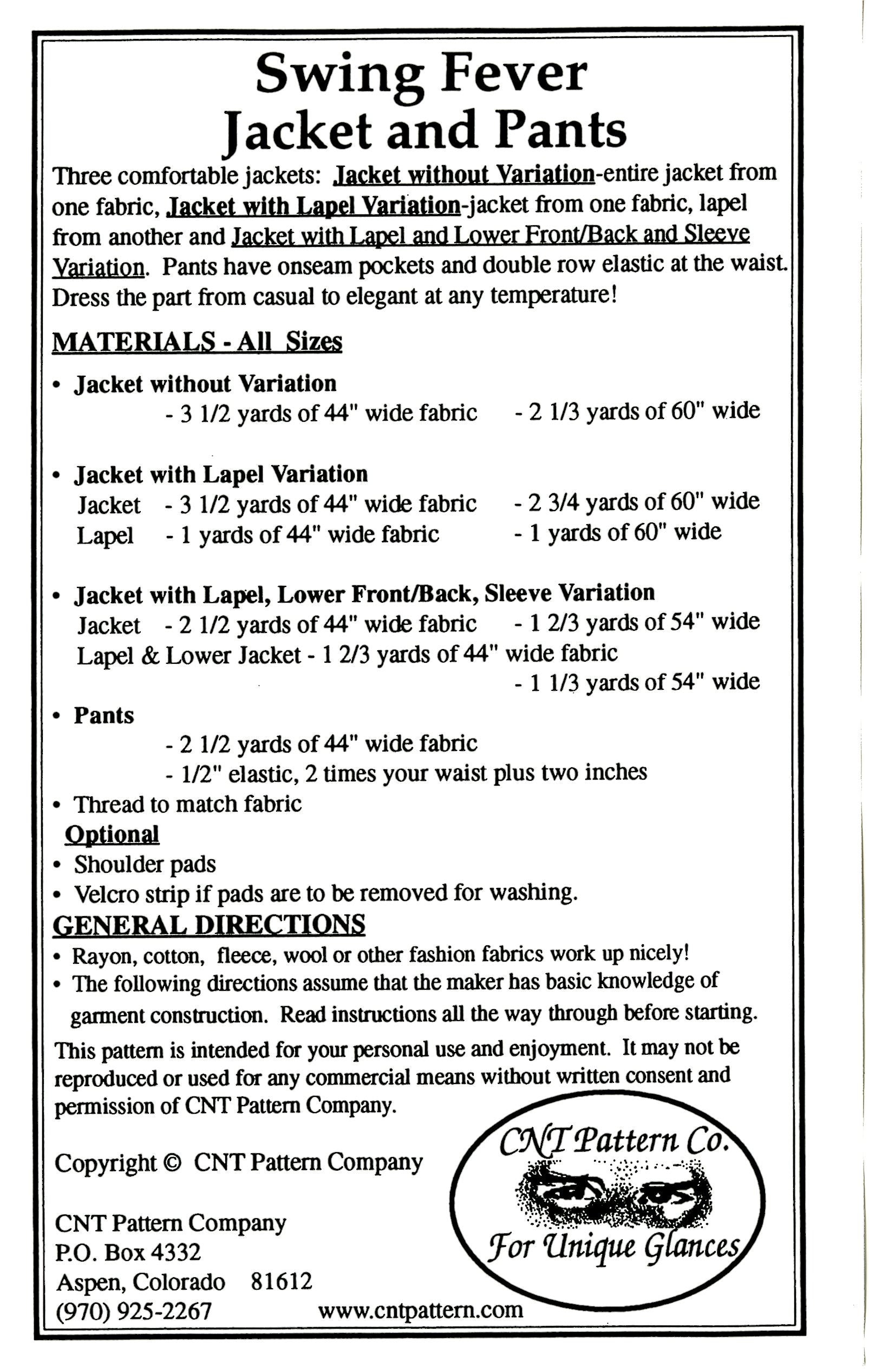 Pattern description for Swing Fever Jacket and Pants with fabric requirements and CNT Pattern Company branding.