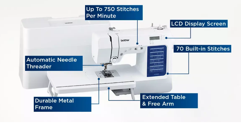 image of the brother cs7000x computerized sewing and quilting machine detailing features such as up to 750 stitches per minute stitch speed, automatic needle threader, durable metal frame, extended table and free arm, 70 built in stitches, lcd display
