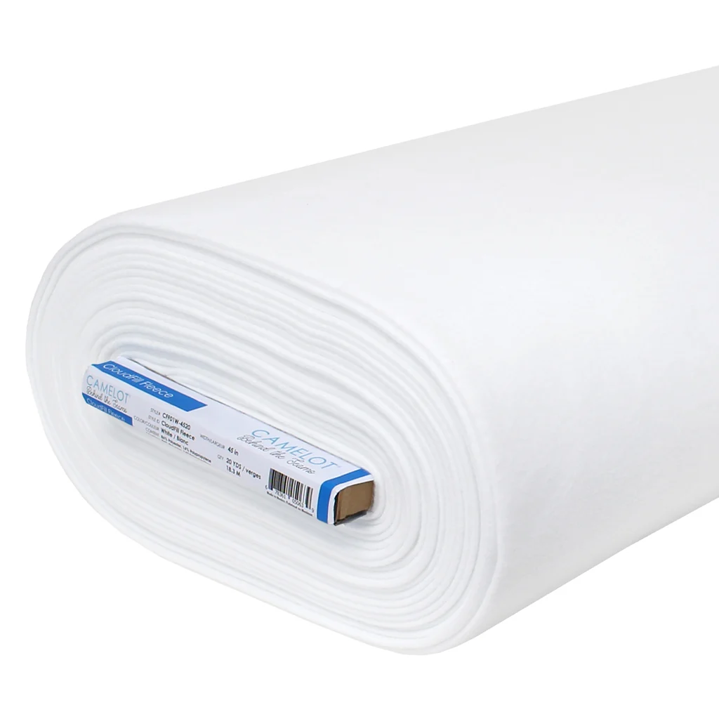 Roll of white fleece batting with a brand label on a white background