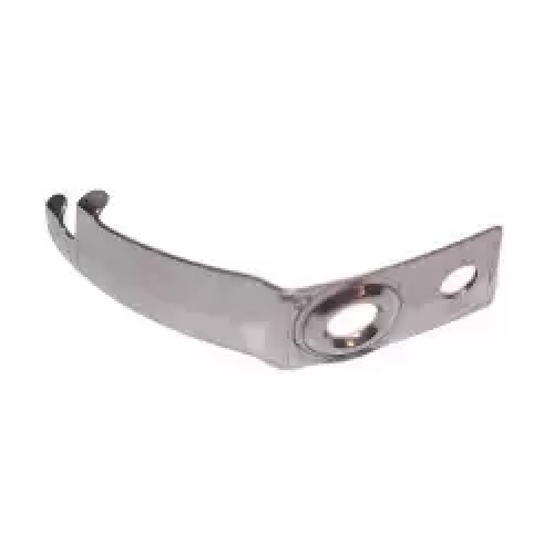 A curved metallic bracket or clip with two circular openings, shown on a plain white background.
