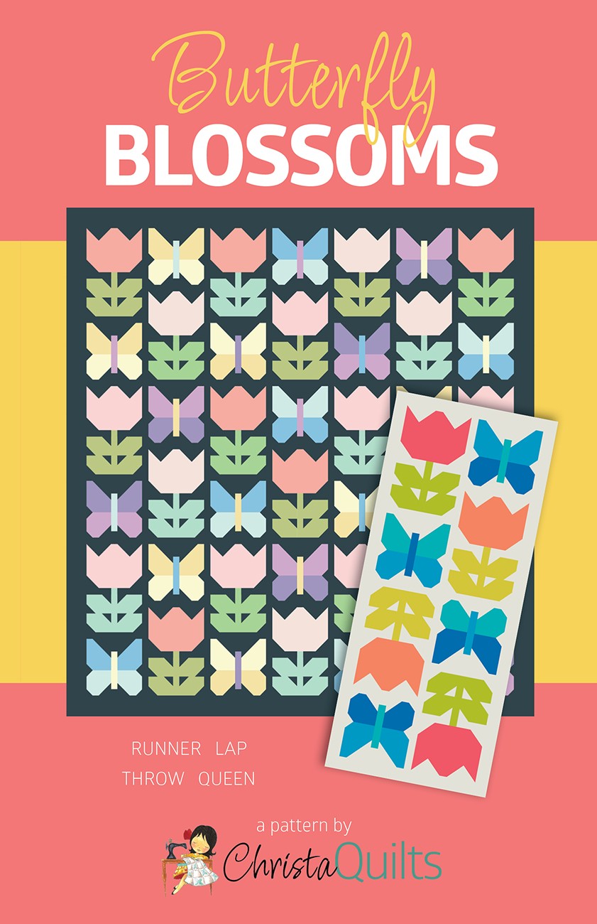 Pattern for a quilt with butterfly design on a pink background, featuring the brand 'Christa Quilts'.