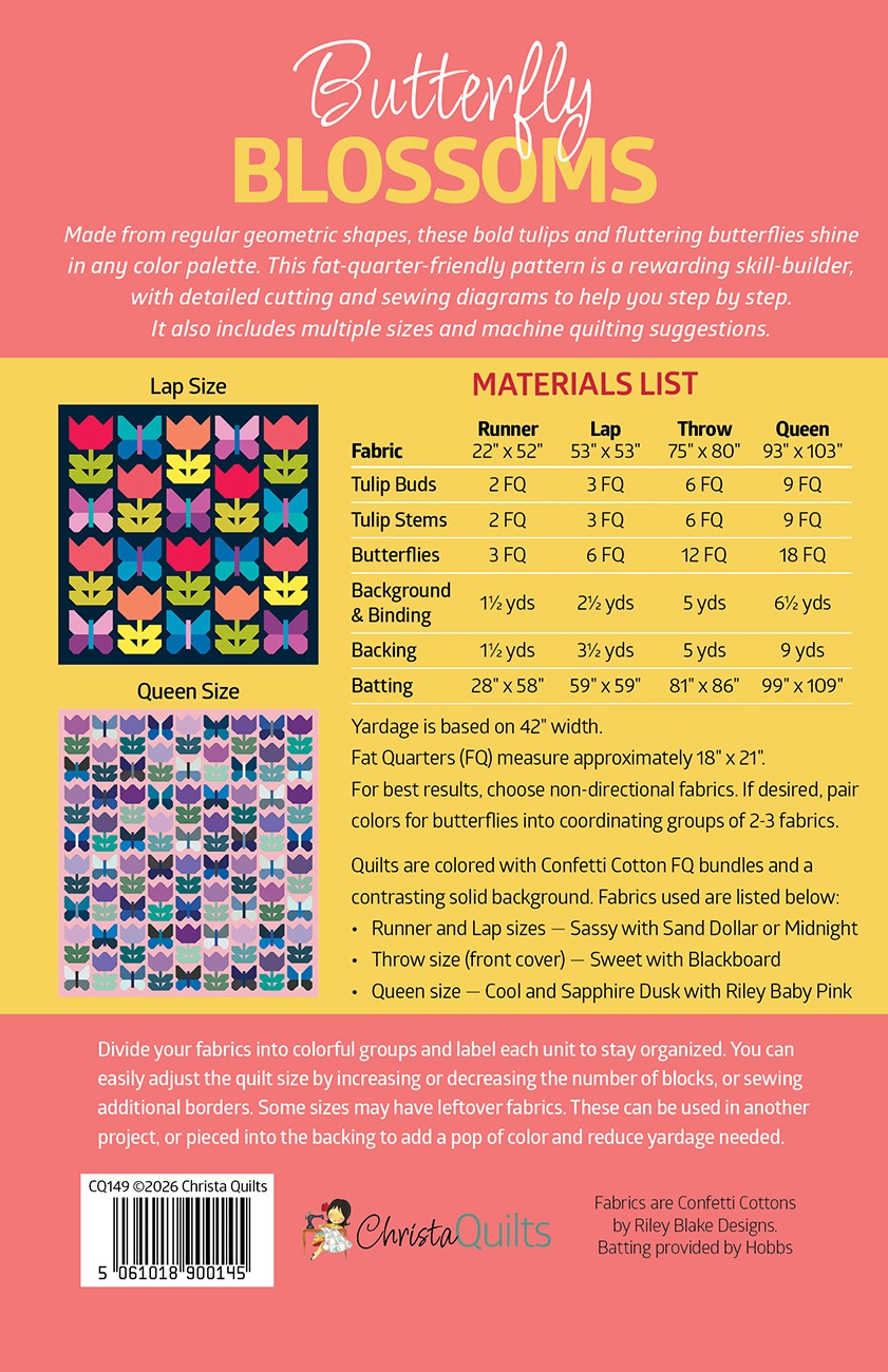 Back pattern sheet for 'Butterfly Blossoms' quilts by Christa Quilts, featuring a colorful materials list, fabric requirements table, size charts, and sewing diagrams on a white background.