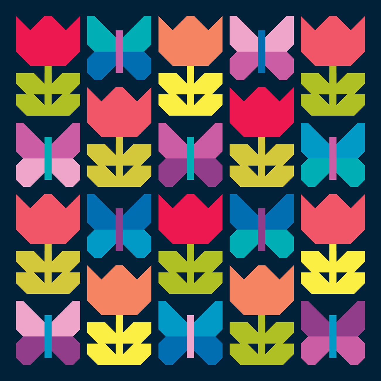 A colorful repeating geometric pattern featuring stylized tulips and butterflies in pink, red, orange, yellow, teal, purple, and lime green on a dark navy background.