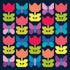A colorful repeating geometric pattern featuring stylized tulips and butterflies in pink, red, orange, yellow, teal, purple, and lime green on a dark navy background.