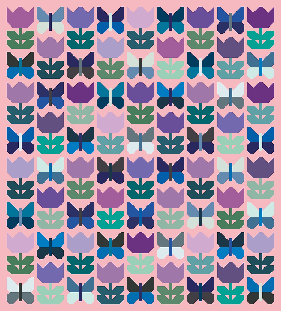 A repeating pattern of stylized tulips and butterflies in shades of purple, blue, teal, green, and gray on a solid pink background.