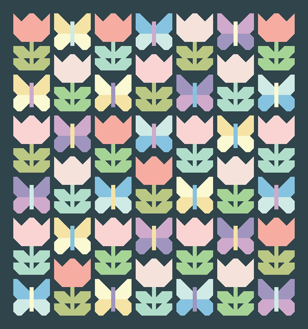 A repeating pattern of stylized flowers and butterflies in pastel colors on a dark teal background. The motifs include pink, peach, lavender, light blue, mint green, and pale yellow shapes arranged in a grid.