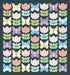 A repeating pattern of stylized flowers and butterflies in pastel colors on a dark teal background. The motifs include pink, peach, lavender, light blue, mint green, and pale yellow shapes arranged in a grid.