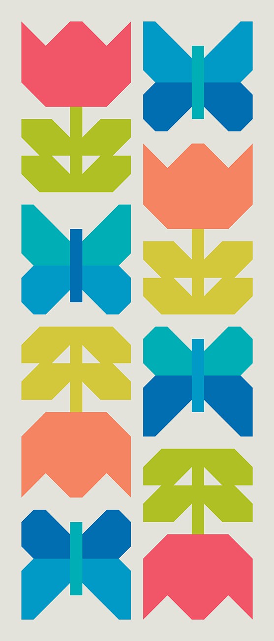 A repeating geometric pattern of stylized tulips and butterflies in bright pink, blue, teal, yellow, and lime green on a light beige background.