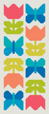 A repeating geometric pattern of stylized tulips and butterflies in bright pink, blue, teal, yellow, and lime green on a light beige background.