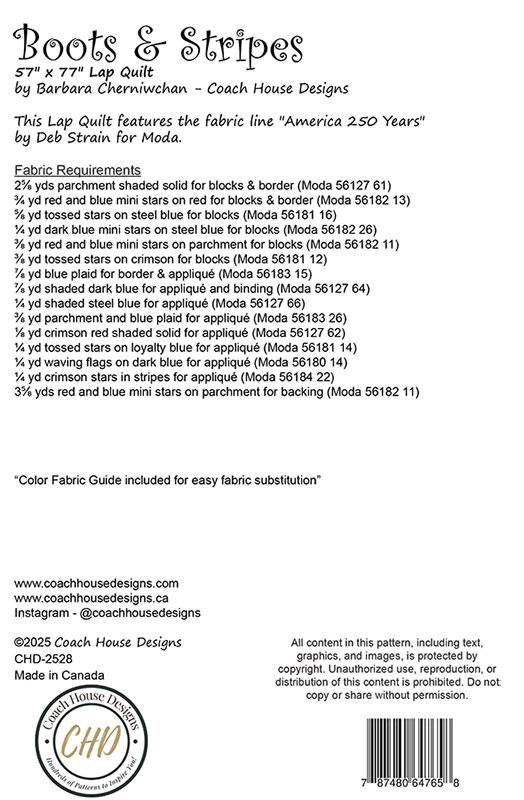 Coach House Designs Boots & Stripes Quilt Pattern CHD-2528