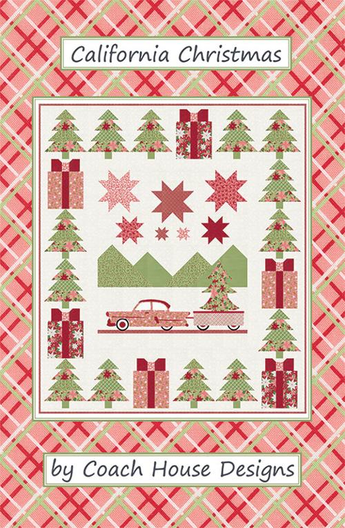 Christmas-themed quilt design with trees, presents, and stars on a pink and red plaid background. 'California Christmas' by Coach House Designs.