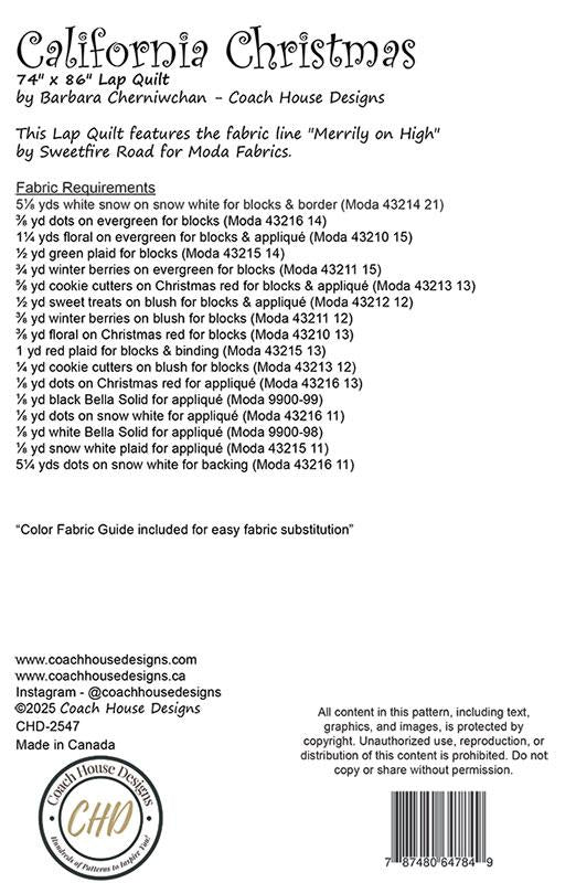 Pattern sheet for a California Christmas lap quilt by Coach House Designs with fabric requirements and design details.