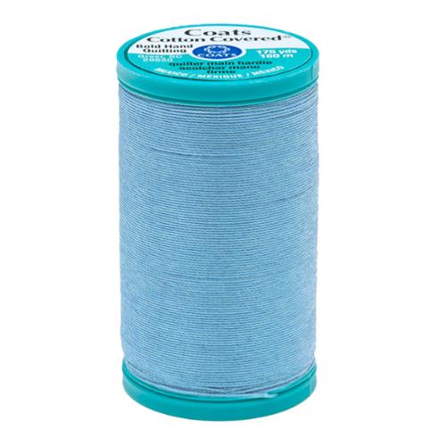 Spool of light blue thread with a green lid on a white background