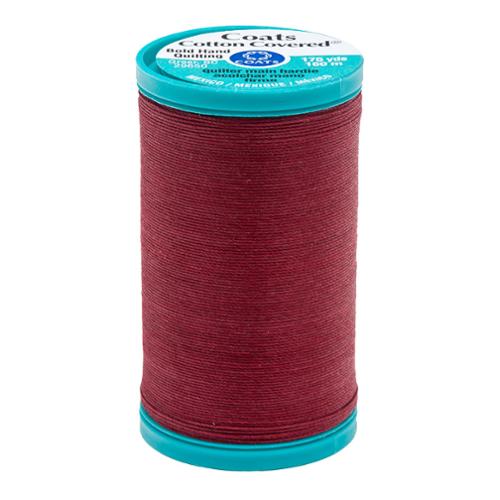 Spool of red thread with a blue label on a white background