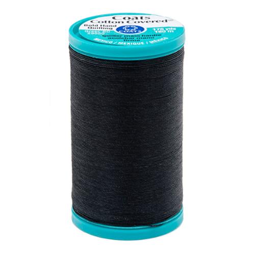 Spool of black thread with teal cap on a white background