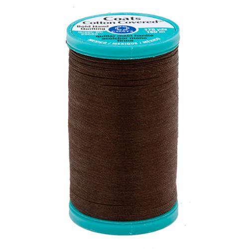 Spool of brown thread with a blue label on a white background