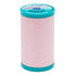Spool of pink thread with a blue label on a white background