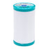 Spool of white thread with teal lid on a white background