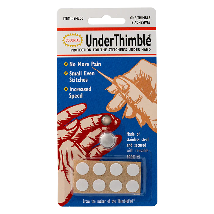 Packaging of UnderThimble product with illustrations of hands and thimble on a white background
