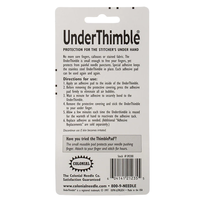Back of UnderThimble packaging with text and branding
