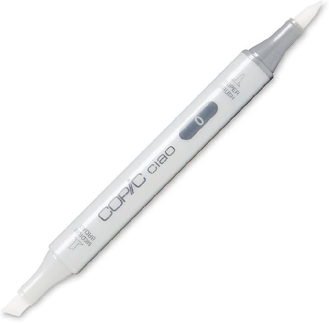 A Copic 0 dual-tip marker pen in white and gray, shown diagonally on a plain white background.